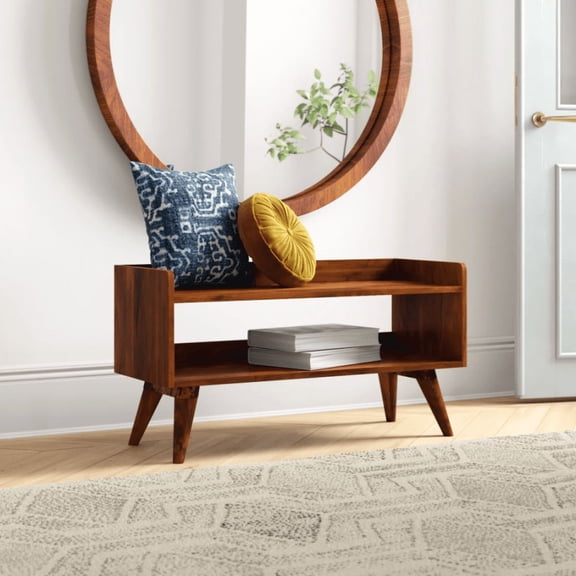 LiviNest Solid Wood Storage Bench: Scandinavian Open Shelf Design for Entryway & Living Room - Multi-Functional Chestnut Brown Bench with X-Legs for Home Office & Bedroom Organization