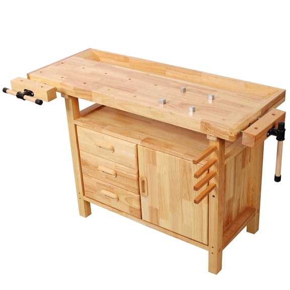 LiviNest Solid Wood Workbench for Garage: 330lb Heavy-Duty Workstation - 3 Drawers & 1 Cabinet Door for Tool Storage - 50" Rubberwood Work Table for Woodworking & DIY Projects