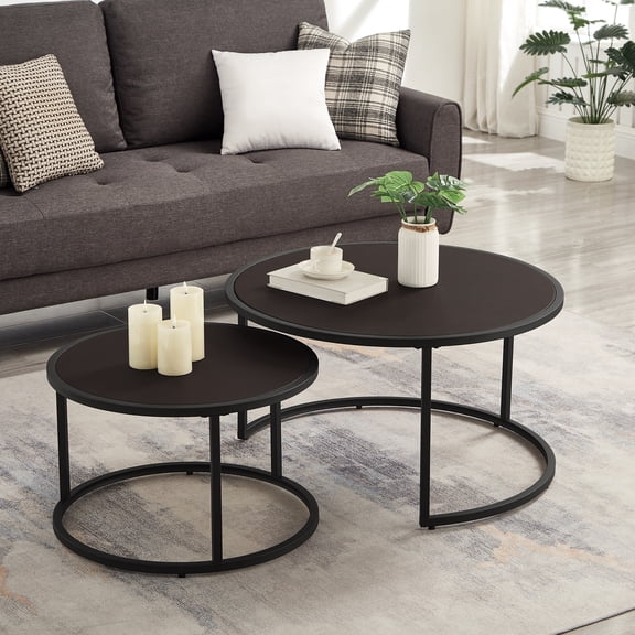 LiviNest Space-Saving Nesting Coffee Table: 2-in-1 Round Faux Leather Table Set - Modern Accent Tables for Small Living Room & Studio Apartment - Dark Brown with Black Metal Base