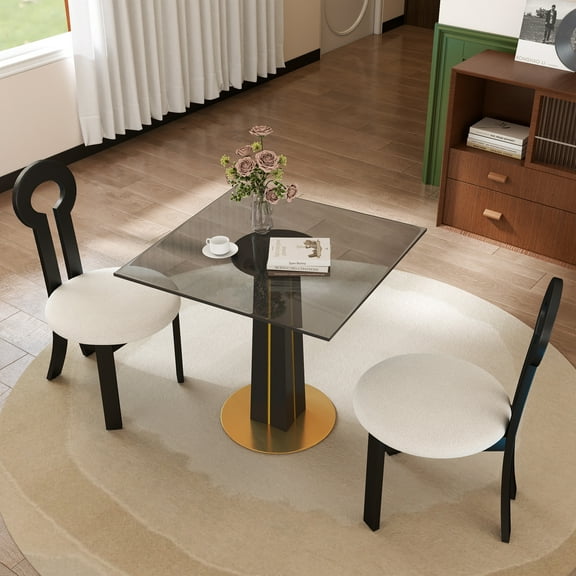 LiviNest Square Glass Dining Table: Modern Black Tempered Glass Top with Gold Accent Base for Small Space Apartments & Home Offices - Compact 33.5 Inch Table for Urban Professionals & Dining Areas