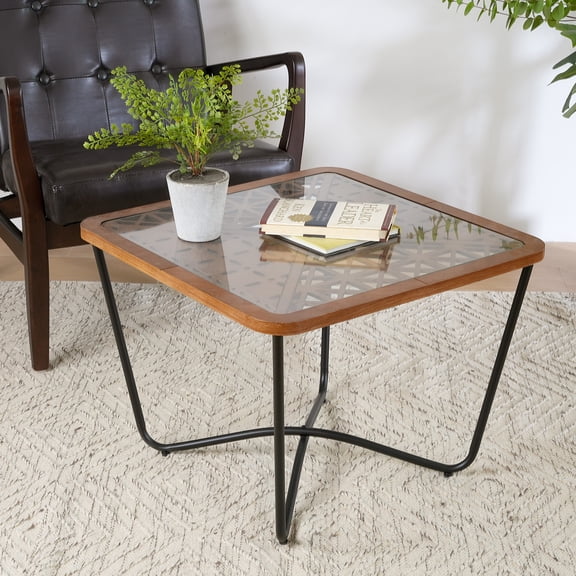 LiviNest Square Glass End Table: Industrial Metal Leg Side Table with Geometric Pattern - Wood Accent Modern Coffee Table for Living Room & Bedroom