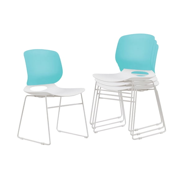LiviNest Stacking Chairs for Small Apartments: 4 Chairs Stack to 1 - 400lb Capacity Modern Seating Set - White & Blue Polypropylene & Fiberglass Back