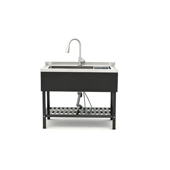 LiviNest Stainless Steel Utility Sink: Large Single Compartment with Pull Out Faucet - Modern Freestanding Work Sink for Art Studio & Creative Space with Bottom Storage Grille