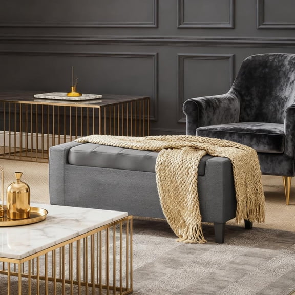 LiviNest Storage Ottoman Bench with Lift Top: Gray Upholstered Entryway Bench with Seating & Hidden Storage - Rubberwood Legs Multipurpose Furniture for Small Apartments & Studio Decor