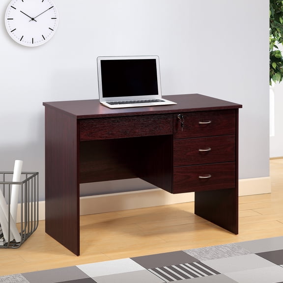 LiviNest Student Desk with 3 Locking Drawers, Compact Home Office Work Desk with Metal Glides and Modesty Panel, Mahogany