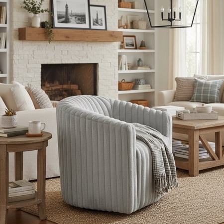 LiviNest Swivel Accent Chair: Modern Farmhouse Barrel Style with Ultra Plush Comfort & 360 Rotation - Light Gray Ribbed Fabric Upholstered Seating for Home Office & Living Room - No Assembly Required