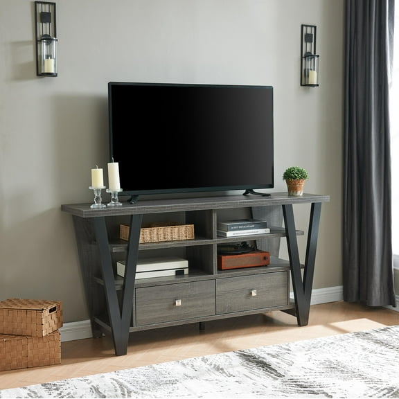 LiviNest TV Stand for 60-69 Inch TV - 30 Inch Tall Media Console with Drawers & Open Shelves for Living Room - Modern V-Leg Design in Gray & Black for Tech Enthusiasts