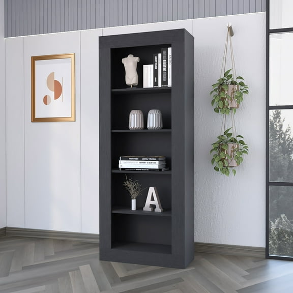 LiviNest Tall Black Bookshelf: Modern 5-Tier Open Shelf for Small Apartments & Home Offices - Space-Saving Vertical Storage Organizer for Books & Decor
