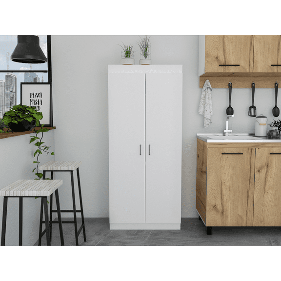 LiviNest Tall Kitchen Cabinet Storage: Modern White Double Door Pantry - Five Adjustable Shelves Compact Design for Small Apartments Kitchen Organization & Space Saving Solution