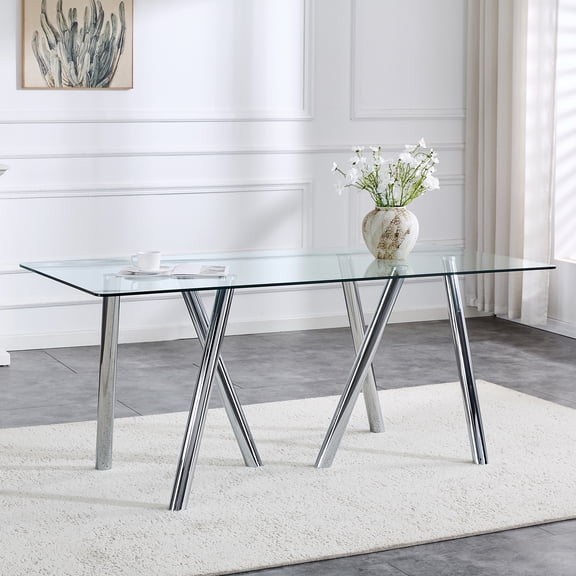 LiviNest Tempered Glass Dining Table for Family: 71-Inch Large Dining Table - 3-5x Stronger Tempered Glass for 6-8 Person Gatherings - Stable Metal Legs Modern Design