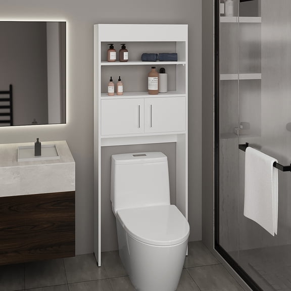 LiviNest Over Toilet Storage Cabinet: Modern Bathroom Organizer with Double Door & Shelves - Space Saving White Cabinet for Small Bathrooms & Apartments - Airbnb Rental & Compact Home Storage Solutio
