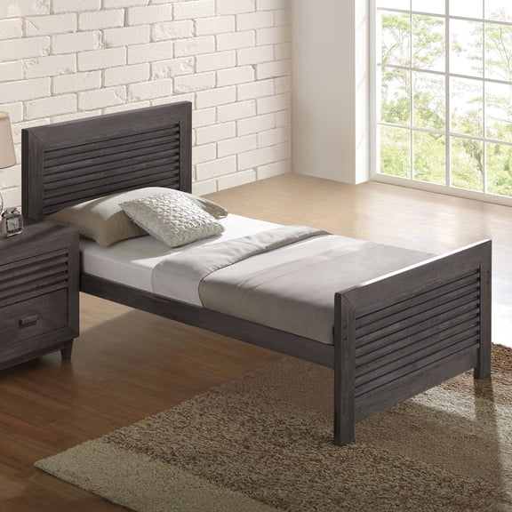LiviNest Twin Size Bed: Transitional Style Solid Hardwood Frame with Panel Headboard & Slat Design - Charcoal Brown Finish for Small Home Office Bedroom & Guest Room Space Saving Solution