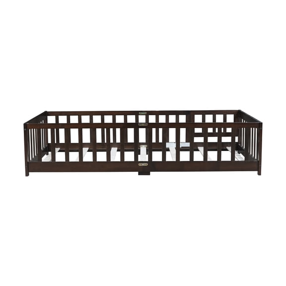 LiviNest Twin Size Floor Bed with Fence and Door, Rubber Wood Safety Guardrails, Espresso - Transition from Crib to Bed