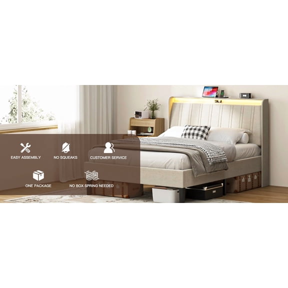LiviNest Twin Size Platform Bed Frame: Upholstered Headboard with USB Charging & Storage - Easy Assembly Modern Bed for Small Apartments & Remote Workers