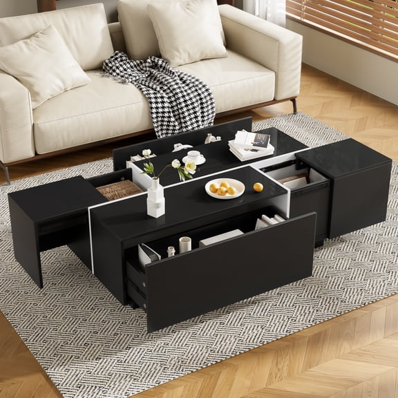 LiviNest U-Can Extendable Coffee Table with Hidden Storage, 47.2-72.7 inches, High-Gloss Finish, 2 Drawers and 2 Concealed Compartments for Living Room
