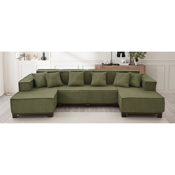 LiviNest U-Shaped Sectional Sofa for Living Room: 4-Seat Lounge for 6-Person Gathering - 130" Green Corduroy Sofa with 60,000-Color App-Controlled RGB LED Light Strip & 6 Pillows