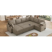 LiviNest U-Shaped Sofa Bed for Apartments 5-Seat to Full-Size Bed in 10 Seconds - Hidden Storage Chaise & 4-in-1 Armrests with Charging Ports & Cup Holders - Brown Chenille Fabric