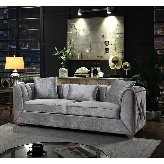 LiviNest Velencia Modern Style Sofa, 91.6 Inch Silver Velvet Upholstered with Solid Wood Frame, Gold Accents, Medium-Firm Seat Cushions, 2 Throw Pillows for Living Room
