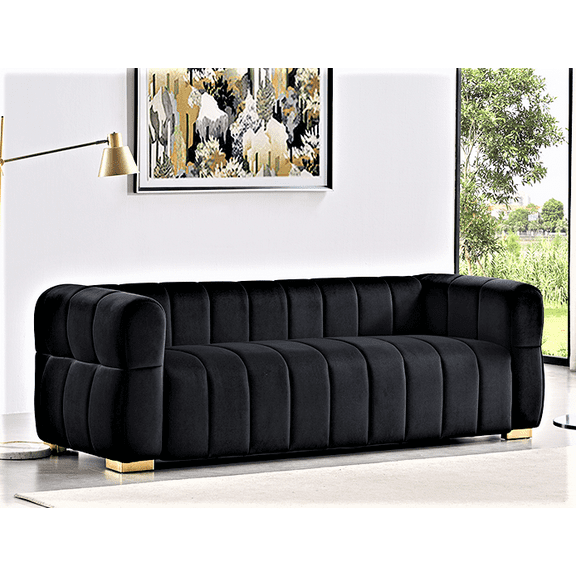 LiviNest Velvet Sofa 3 Seater: Modern Low Back Couch for Small Apartments - Black Upholstered Furniture with Gold Legs & Art Deco Design