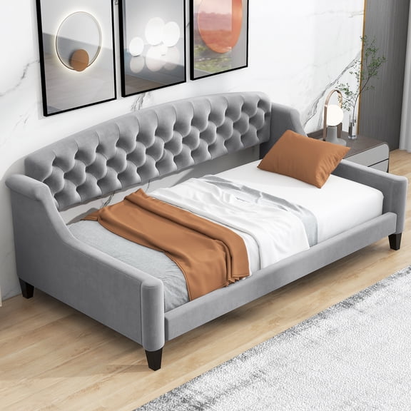 LiviNest Velvet Tufted Button Daybed Twin Gray, Upholstered Wood Frame No Box Spring Needed for Guest Room