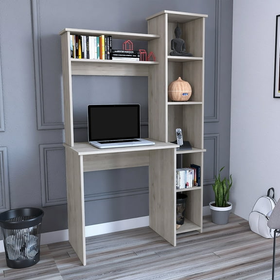 LiviNest Versalles Writing Desk: Compact Home Office Desk with Hutch & 5 Cubbies - Space-Saving Storage Solution for Small Rooms & Apartments in Light Gray