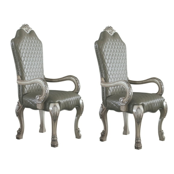 LiviNest Upholstered Dining Armchairs Set of 2: Vintage Bone White & Grey Faux Leather with Floral Crown & Claw Feet - High Back Carved Wooden Chairs for Formal Dining Room & Home Decor