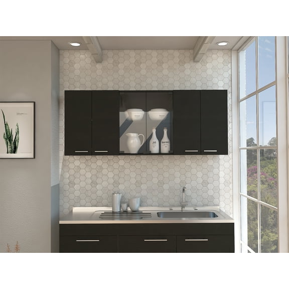 LiviNest Wall Cabinet for Kitchen: 4 Shelves & Dish Rack - 12.4 Inch Slim Depth for Small Space - Black Glass Door Modern Storage for Dishes & Glassware