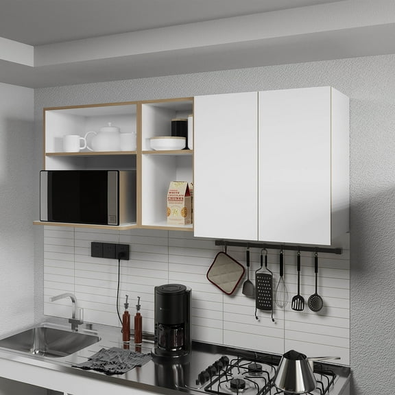 LiviNest Wall Mount Kitchen Cabinet with Microwave Space: Modern White Oak Storage Unit - Small Apartment Kitchen Organization Solution for Vertical Space Optimization