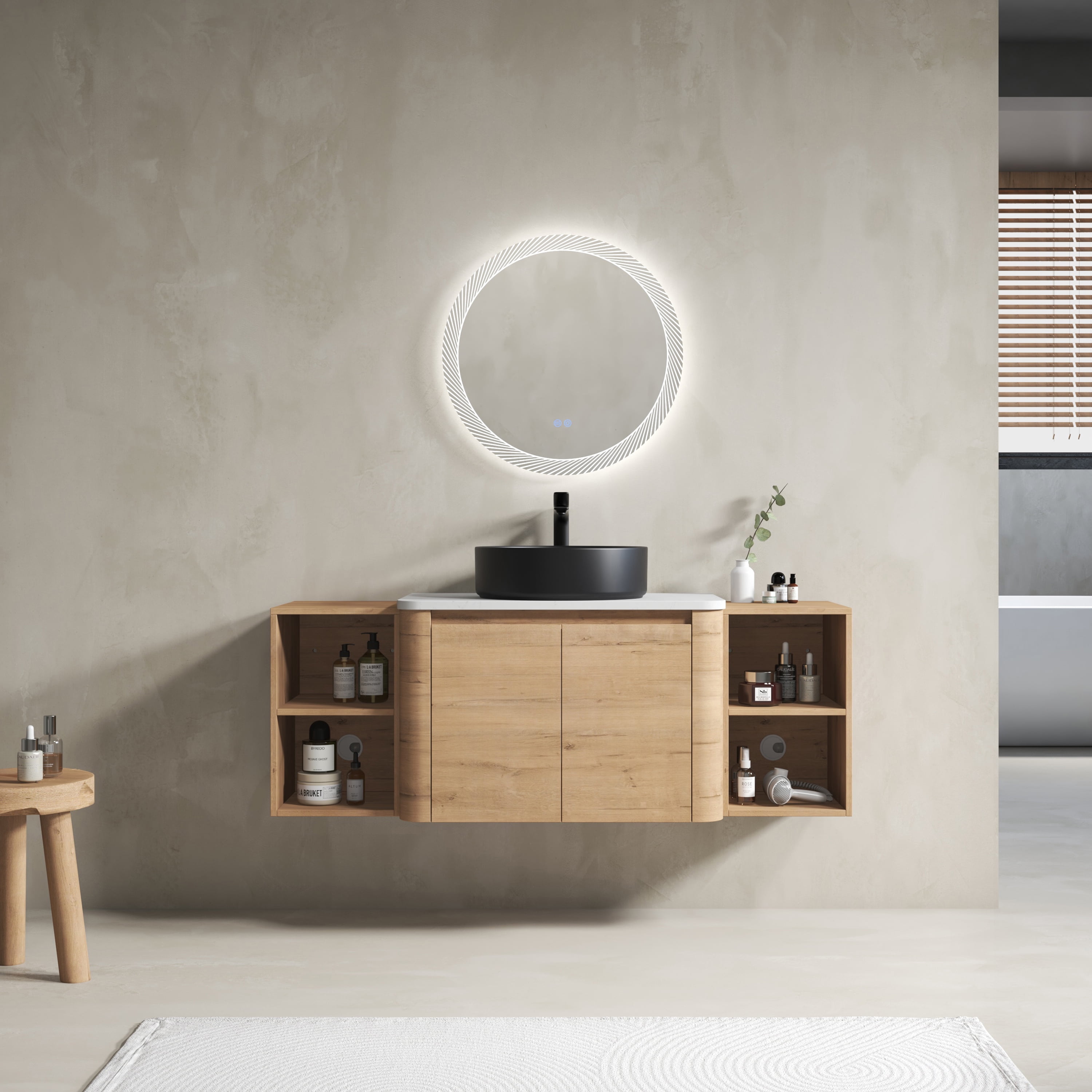 LiviNest Wall-Mounted Bathroom Vanity: 54" Modern Vanity with Ceramic Sink & 2 Shelves - Maximize Storage & Style for Homeowners - Soft-Close Doors & Water-Resistant Plywood