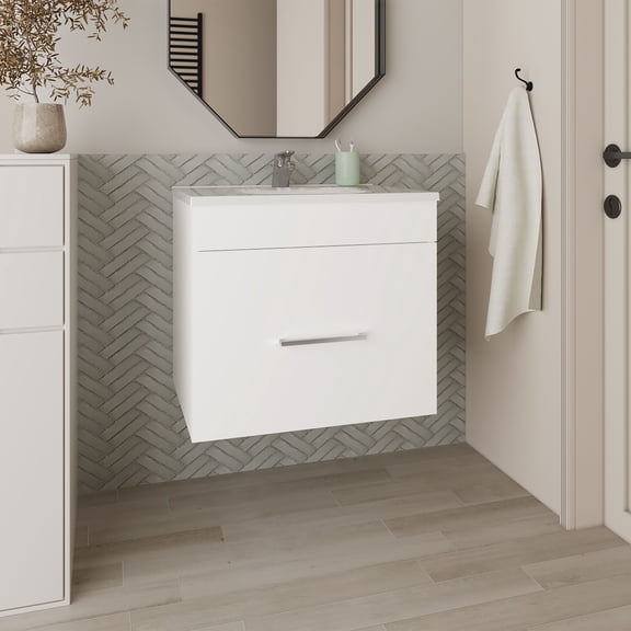 LiviNest Wall Mounted Bathroom Vanity: Compact Sink with Drawer for Small Spaces & Studio Bathrooms - White Minimalist Design Easy Assembly & Durable Engineered Wood
