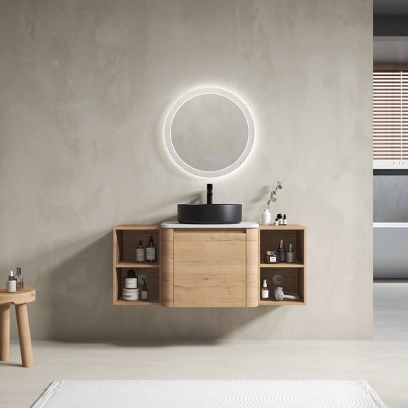 LiviNest Wall-Mounted Bathroom Vanity for Small Space: 48-Inch Vanity with 2 Storage Shelves - 150% More Storage Capacity & Floor Space 100% Released - Modern Ceramic Sink & Quiet Soft-Close Door