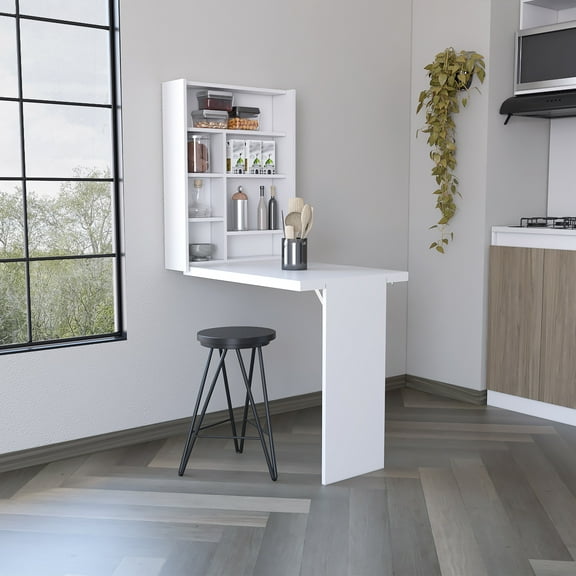 LiviNest Wall Mounted Foldable Table with Shelves, White Space Saving Drop Leaf Desk for Small Kitchen Dining Room