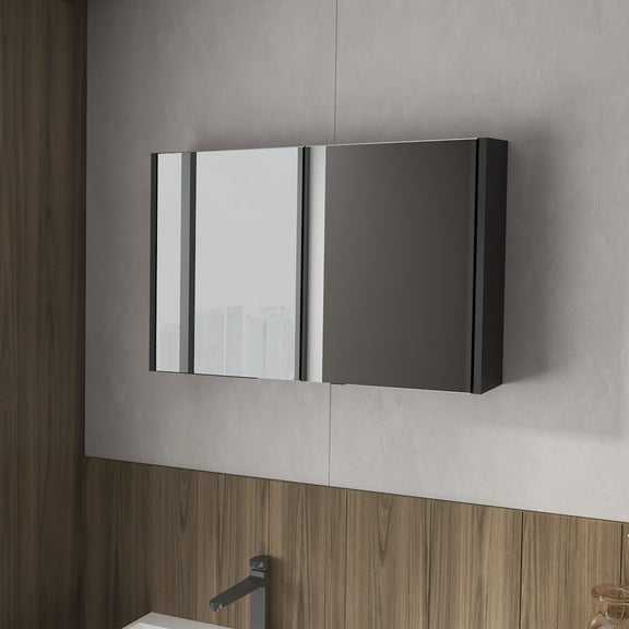 LiviNest Wall Mounted Medicine Cabinet with Mirrors: Horizontal Design Black Bathroom Storage - Three Internal Shelves Melamine Construction Space Saving Solution for Small Bathrooms & Apartments