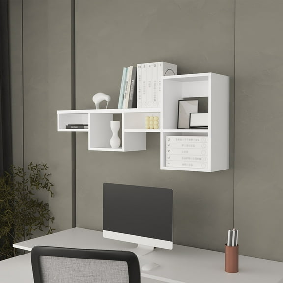LiviNest Wall Mounted Shelf 5 Tier Storage Unit: Modern White Melamine Floating Shelves - Home Office Organization Solution for Small Spaces & Remote Workers