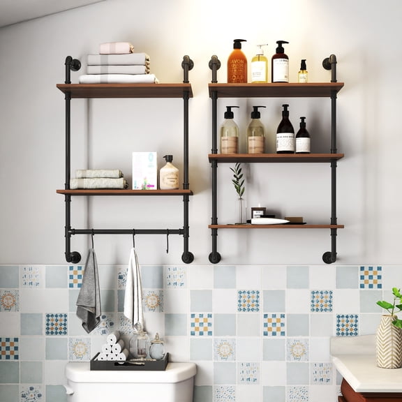 LiviNest Wall Mounted Shelf for Small Spaces: 8 Display Shelves & 3 Hooks - 36in Rustic Pipe Shelving Unit for Kitchen Bathroom Bedroom - Industrial Farmhouse Style with Walnut Wood