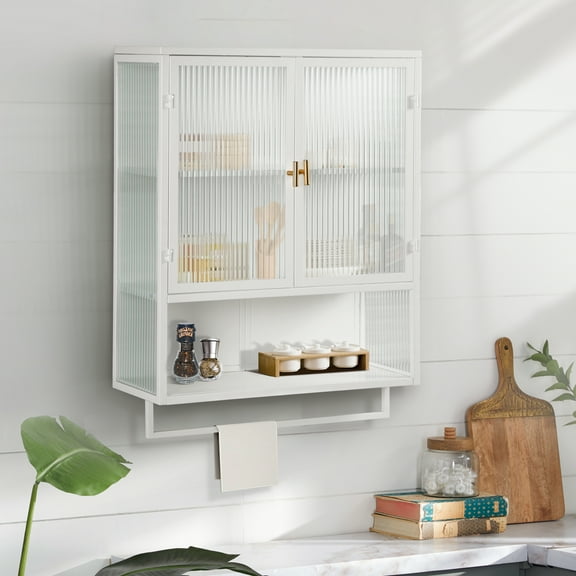 LiviNest Wall Mounted Storage Cabinet for Small Space: 9.06" Thin 3-in-1 Wall Cabinet - Two Glass Door Enclosed Storage & Open Shelf & Towel Rack for Bathroom Living Room Entryway