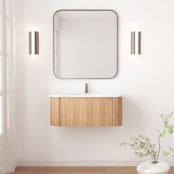 LiviNest Wall Mounted Vanity for Small Bathrooms: 36 Inch Floating Vanity - Curved Design with Carrara Marble Top & Ceramic Sink - Pre-Assembled for Easy Installation in Apartments & Condos