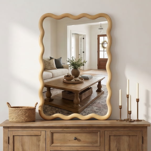 LiviNest Wavy Frame Wall Mirror for Bathroom: 20x30 Inch Oak Art Deco Mirror - 1:1 True Reflection for Vanity & Entryway - Solid Wood Frame with D-Ring Hanging