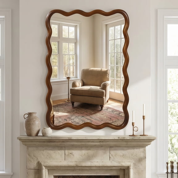 LiviNest Wavy Rectangle Wall Mirror: 24x36 Solid Wood Frame - Unique Wave Design for Bedroom & Living Room - Clear Reflection & Easy Installation