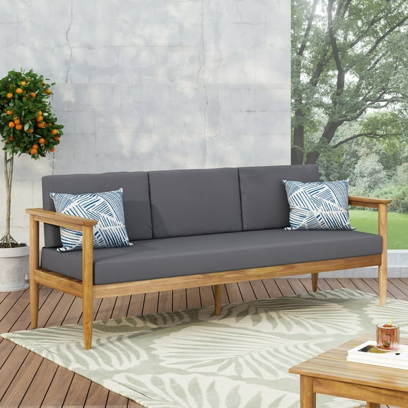 LiviNest Weather-Resistant Acacia Wood Outdoor Sofa: 3-Seater Patio Couch with Easy-Clean Cushions - 400lb Capacity for Covered Porch & Sunroom - Dark Grey Slat Design