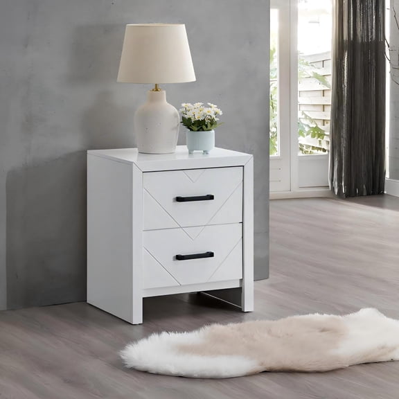 LiviNest White Nightstand 2 Drawer Small: Compact Bedside Table with V-Shape Embossing & Safety Stops - Wood Construction Storage Cabinet for Small Spaces & Apartment Bedroom