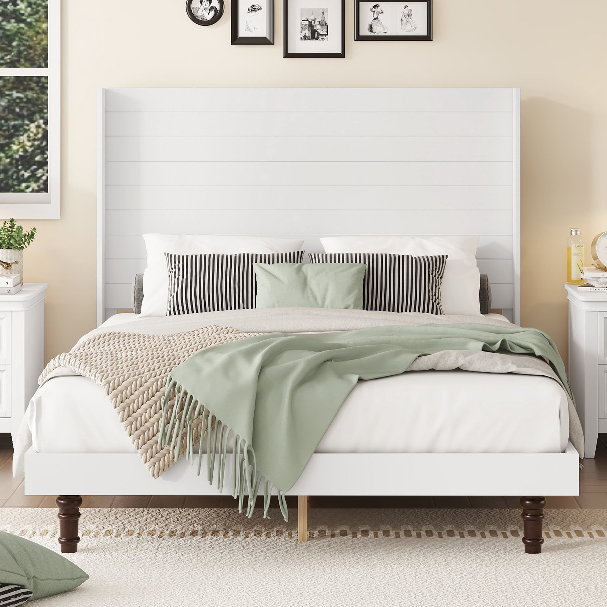 LiviNest White Panel Bed Frame Queen: 54 Inch High Headboard with ...