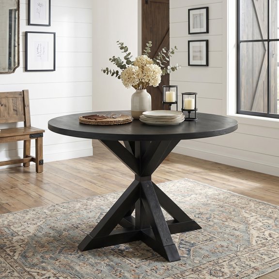 LiviNest Windvale Cross-Buck Base Dining Table, Solid Rubber Wood Base, Black Round Table for 4, 47.25 Inch Compact Dining Table for Small Spaces