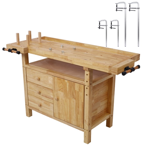 LiviNest Wood Workbench with F Clamps: Professional Instrument Repair Workstation for Luthiers - Rubberwood Surface & Storage Drawers for Guitar Violin Maintenance