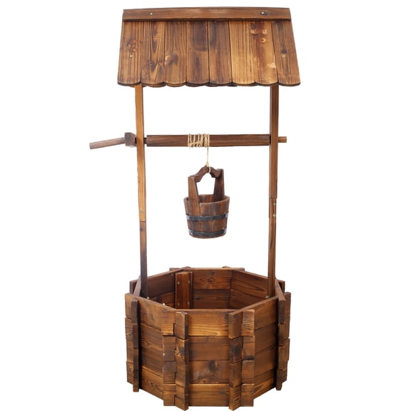 LiviNest Wooden Wishing Well Planter: Rustic Fir Wood Garden Decor with Hanging Bucket & Roof - Outdoor Patio Yard Centerpiece for Restaurant Dining Area & Landscape Design