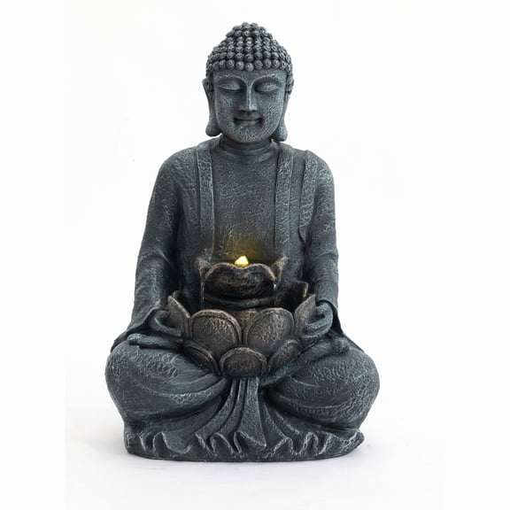 LiviNest Zen Buddha Water Fountain for Garden: 2-Tier Waterfall with LED Light - 28" Outdoor Fountain for Patio & Backyard - Soothing 300L/H Flow & ETL-Certified Polyresin