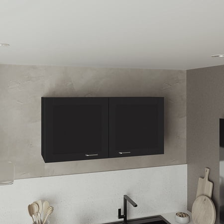 LiviNest Zurich Wall Cabinet Double Door: 39-Inch Wide Wall Mounted Storage for Kitchen & Garage - Modern Black Wengue Finish with Metal Handle & One Shelf