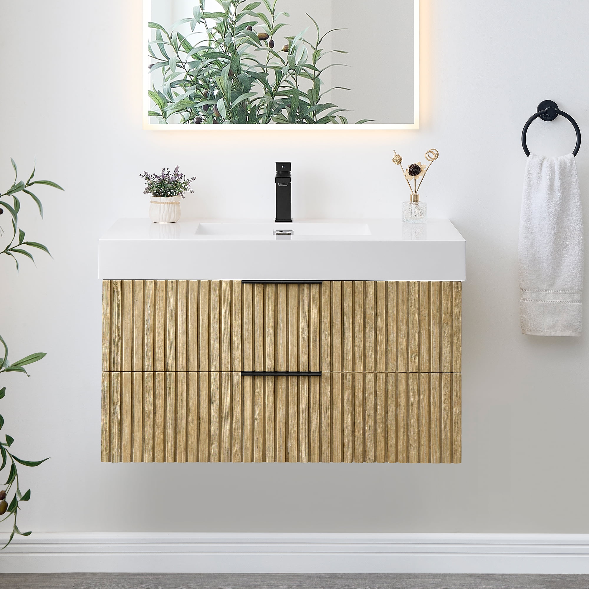 Livia 36" Nature Brown Fir Wood Wall-Mounted Vanity with White Sink
