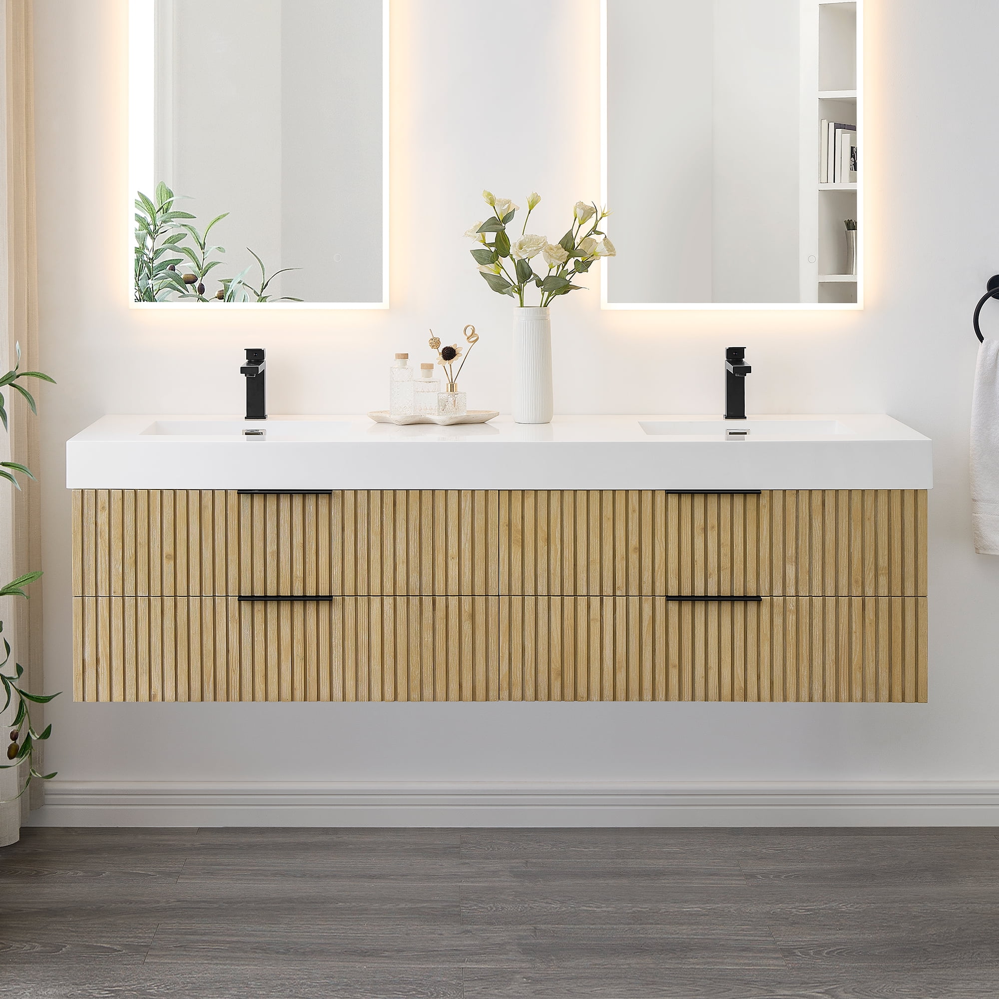 Livia 72" Wall-mounted Wood Vanity in Nature Brown Artificial Sink no Mirror