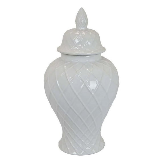 Livie 20 Inch Temple Ginger Jar - Geometric Design - Dome Lid - Ceramic - White